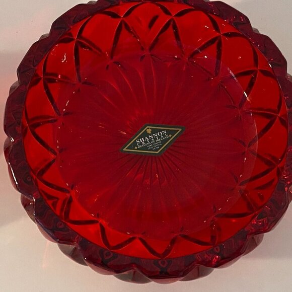 Vintage Shannon Designs of Ireland Lead Crystal Red Glass Candy Dish With Lid - Picture 10 of 14